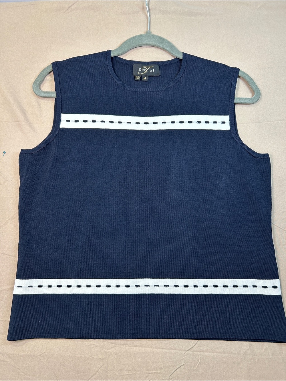 Royal-TNavy Sleeveless Knit Top with White Stripe Detail